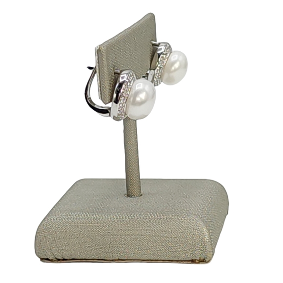 925S Sterling Silver Cultured White‎ Button Freshwater Pearl Leverback Earrings - Picture 3 of 13